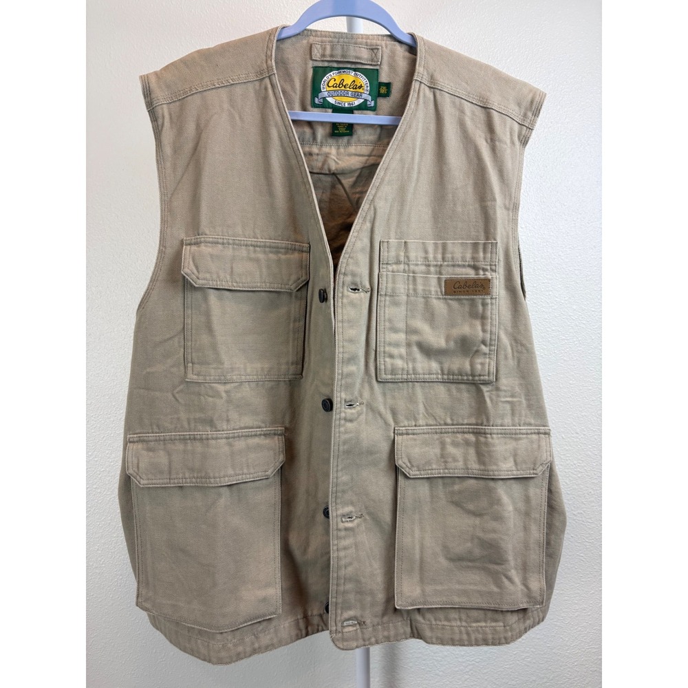 Cabelas Outdoor Gear Mens 2XL Khaki Cotton Canvas Utility Cargo Fishing Vest - Picture 3 of 7